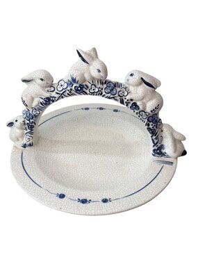 Vintage The Potting Shed Dedham Rabbit Handled Serving Tray Plate MC29 - Blue &